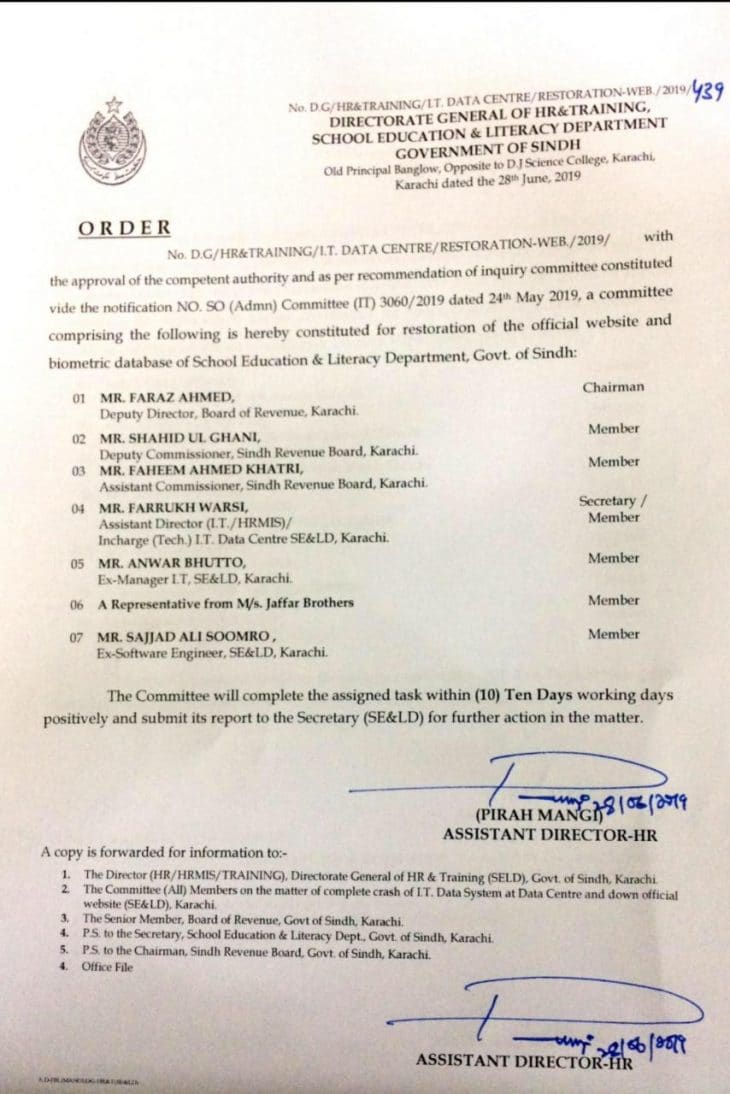 order of government of sindh education and literacy department