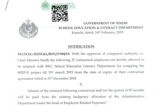 notification of government of sindh education and literacy department